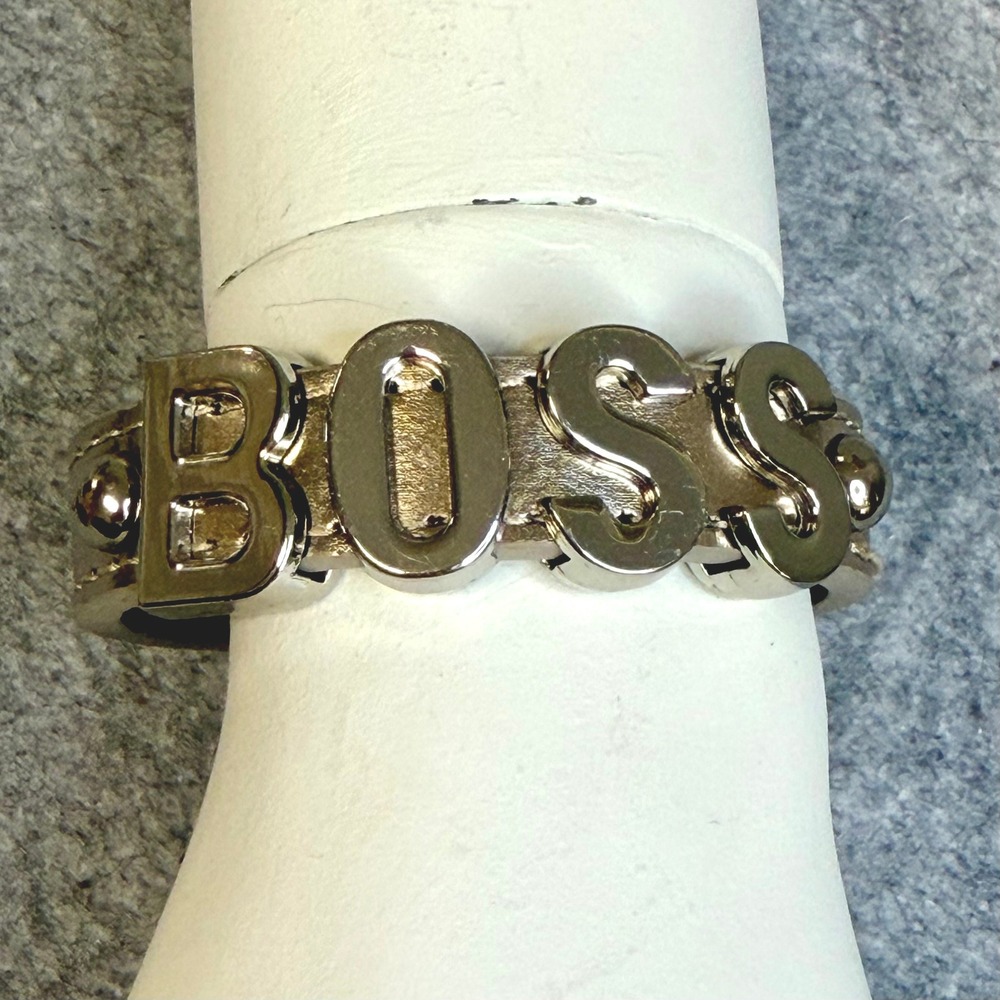 BCBGeneration Metallic Gold Leather BOSS Cuff Bracelet Silver Tone Hardware Snap